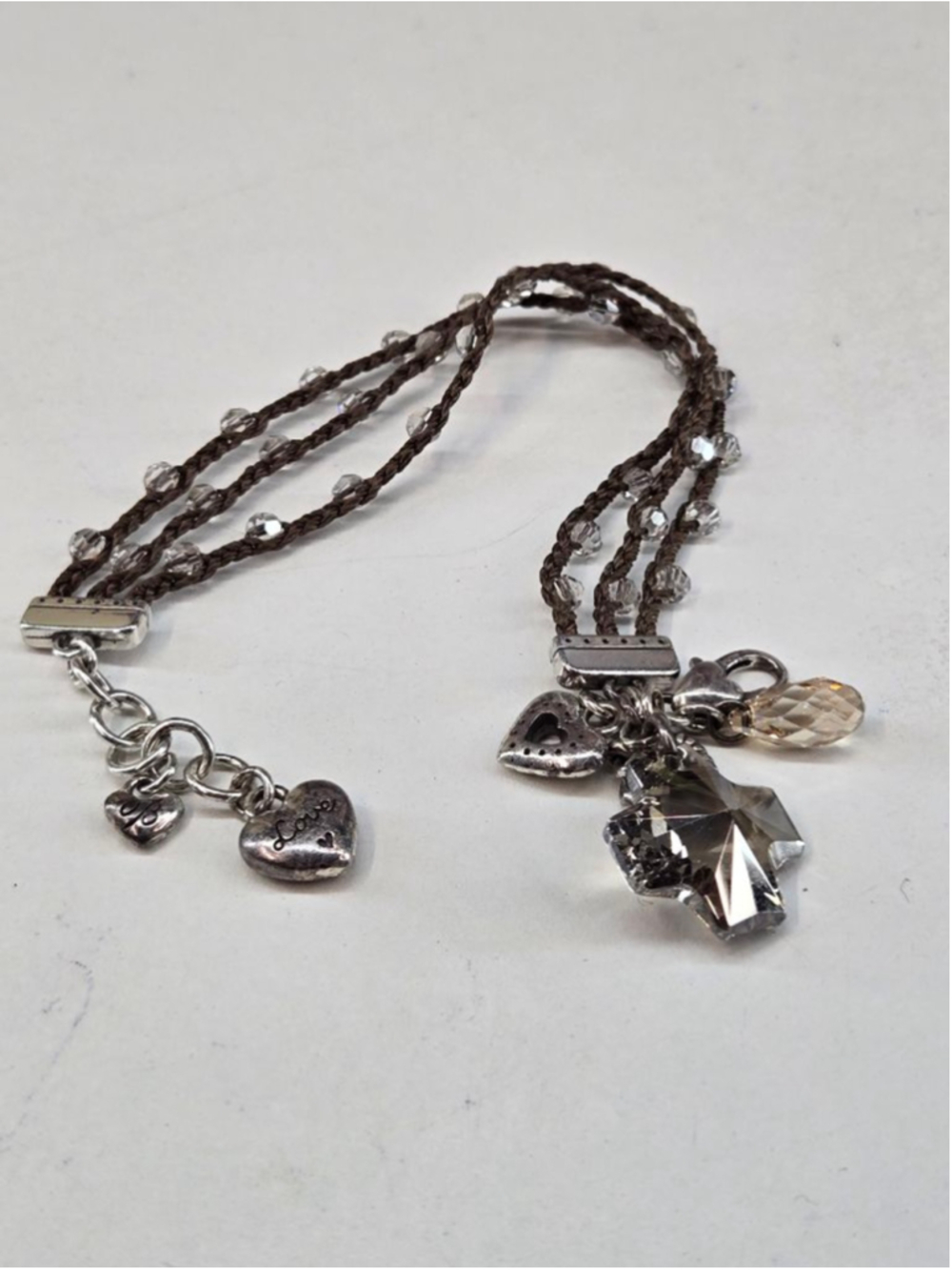 Brighton Bracelet Karma Crystal Cross Heart Charm Brown Woven Triple Strand